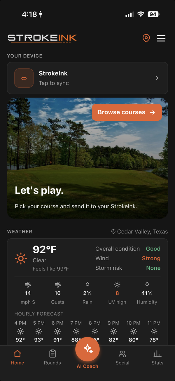 StrokeInk app — Home screen with device sync, course picker and live weather